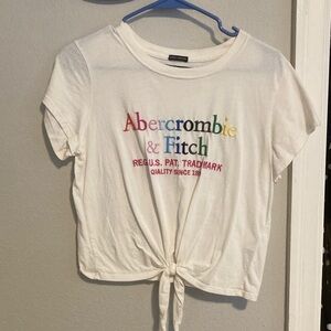 Abercrombie & Fitch White Tie-Front Cropped Rainbow Embroidered T-Shirt